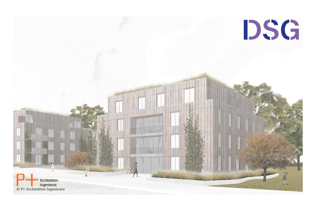 Drei Einzelgebäude mit 43 Wohnungen sollen in der Stettiner Straße entstehen. Verbunden werden die Häuser durch eine gemeinsame Tiefgarage, die Fassaden sind nach aktuellem Planungsstand mit Holz verkleidet.