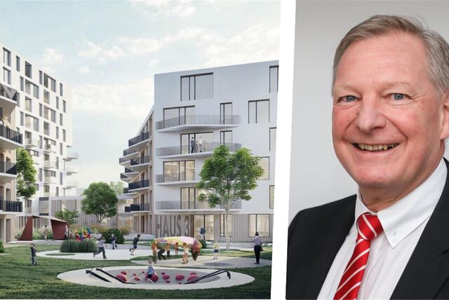 Eine Animation vom Bauprojekt an der Ernst-Mehlich-Straße und Ulrich Bartscher, Bereichsleiter Immobilien-Beteiligungen.