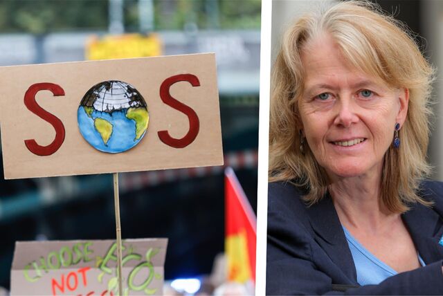 Montage mit einem Klimastreik-Schild und die Sprecherin der Grünen-Ratsfraktion in Dortmund, Ingrid Reuter.