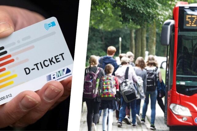 Eine Fotomontage zeigt das Deutschlandticket neben Schülern, die in einen Bus einsteigen.