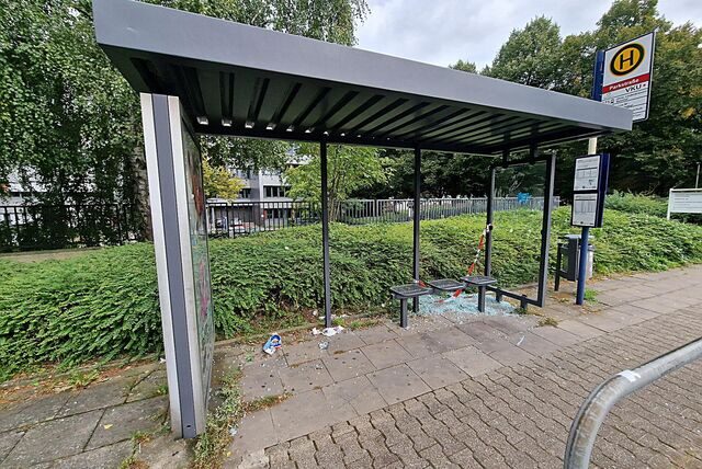An der Bushaltestelle Parkstraße in Unna wurden alle Glasscheiben zerstört.