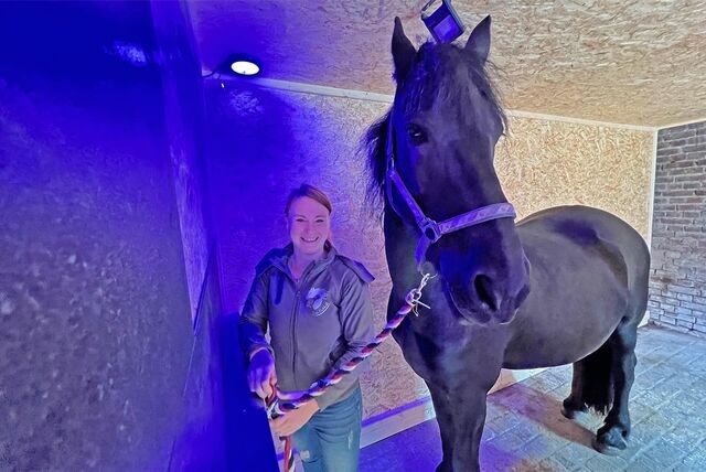 Nele Eickhoff steht mit ihrem Pferd Kee in der Solekammer