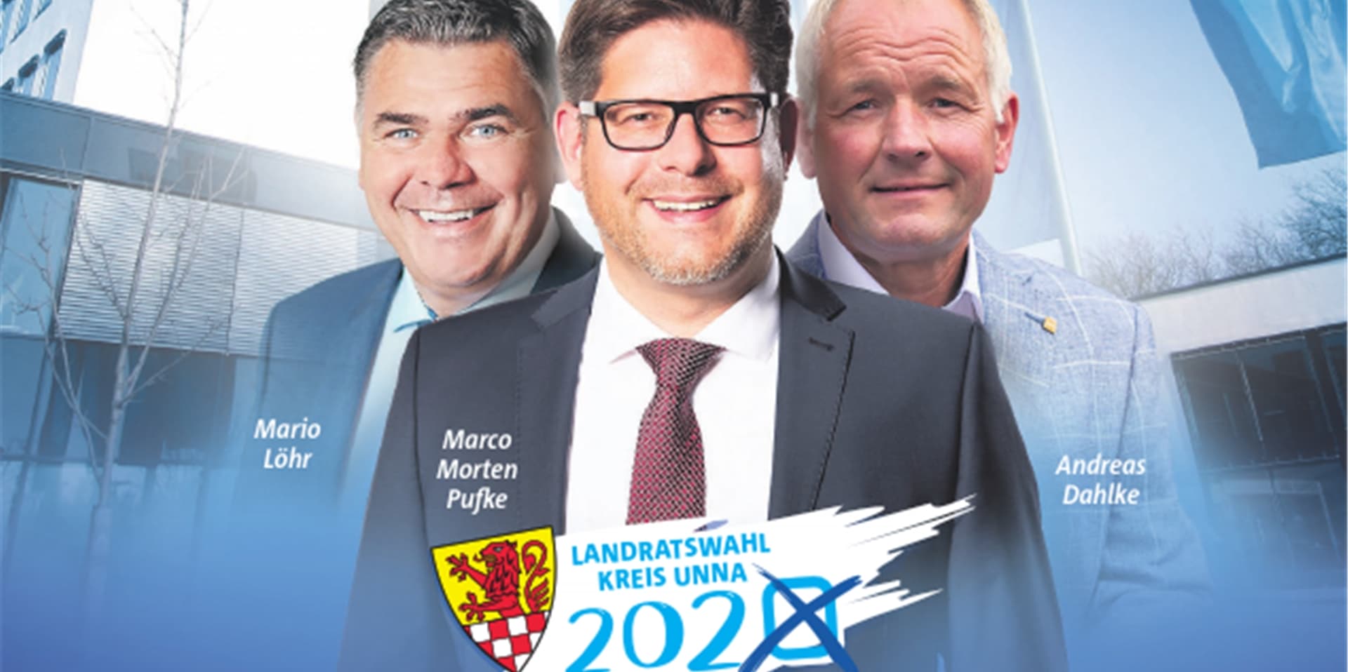 Die drei Landrats-Kandidaten Mario Löhr (SPD), Marco Morten Pufke (CDU) und Andreas Dahlke von der Lüner Wählergemeinschaft GFL diskutieren am Donnerstag, 9. Juli, in Werne. Wir übertragen die Debatte live im Internet.