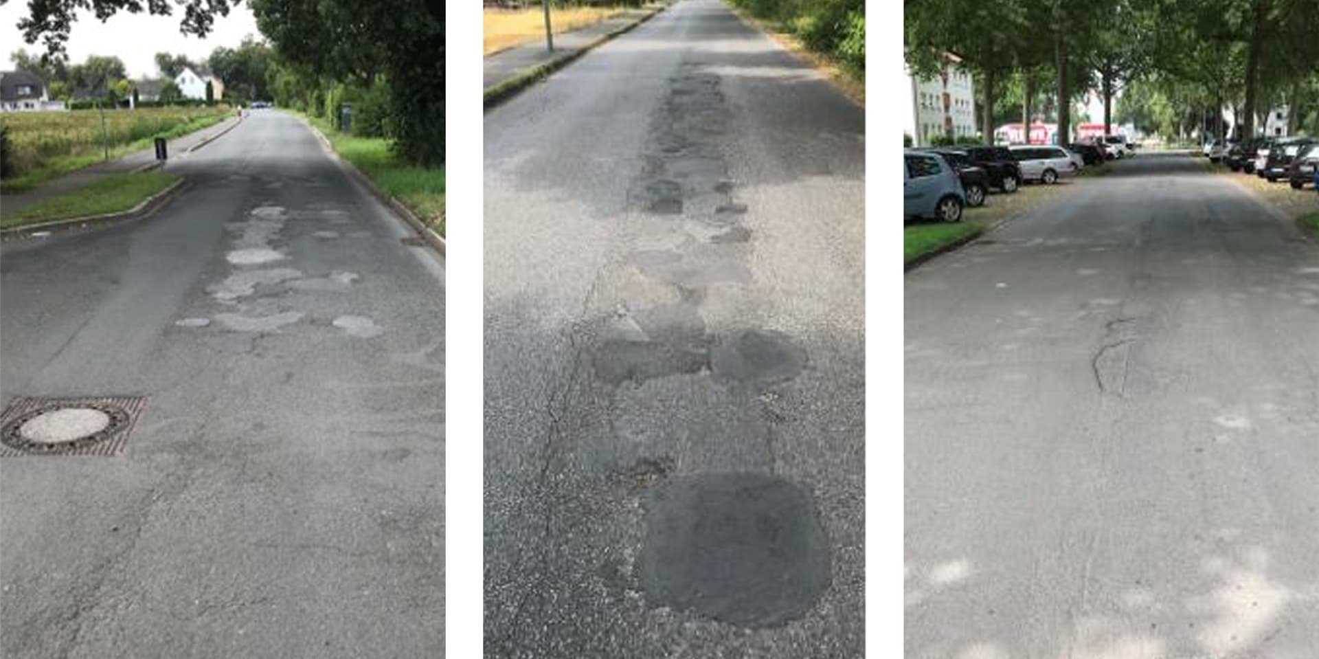Diese Flickenteppiche sollen einer glatten Asphaltschicht weichen: Sanierungsabschnitte auf Jahn-, König- und  Dürerstraße (von links).