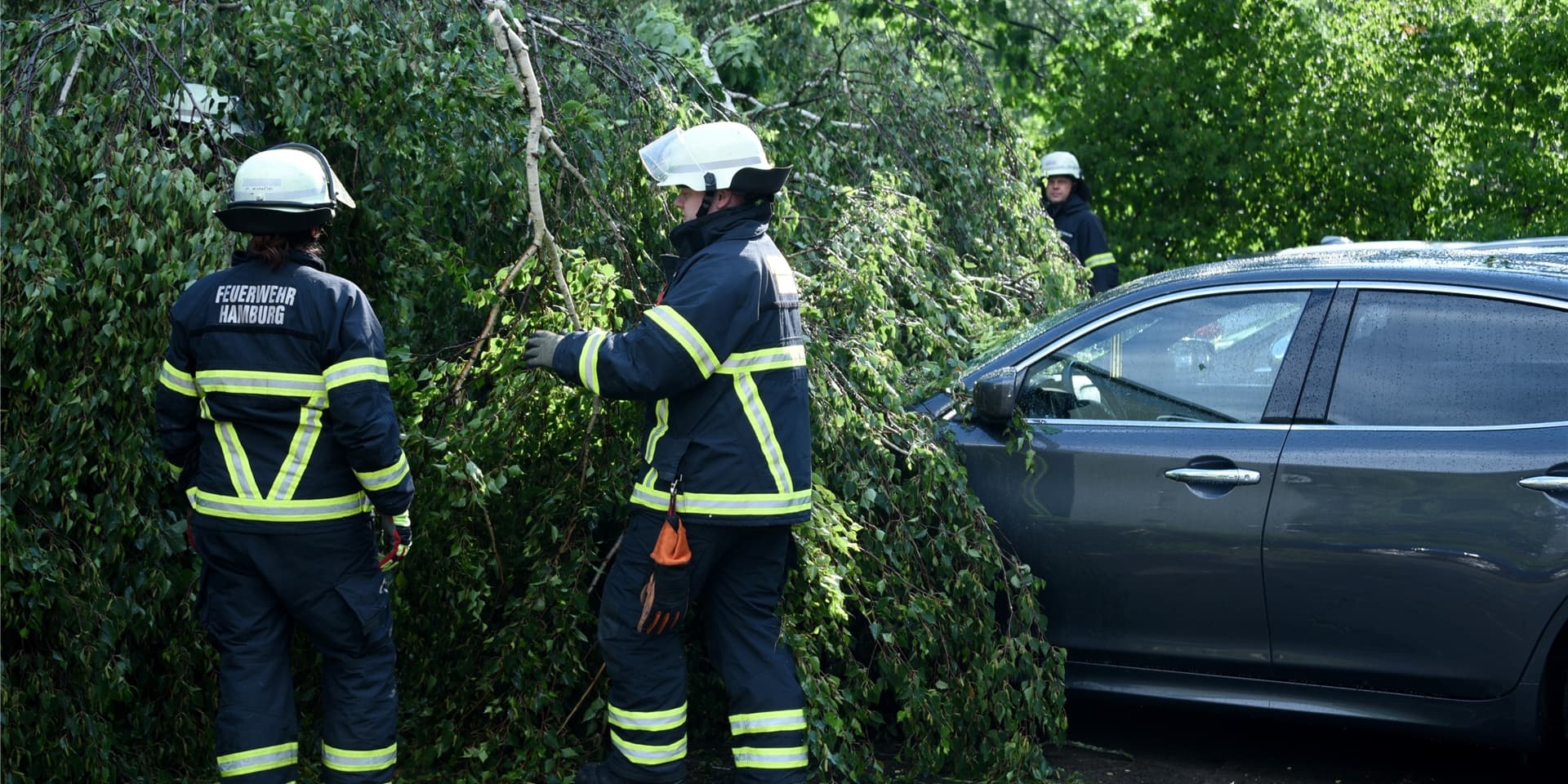Hamburger Feuerwehrleute entfernen einen Ast, der auf ein Auto gefallen war.