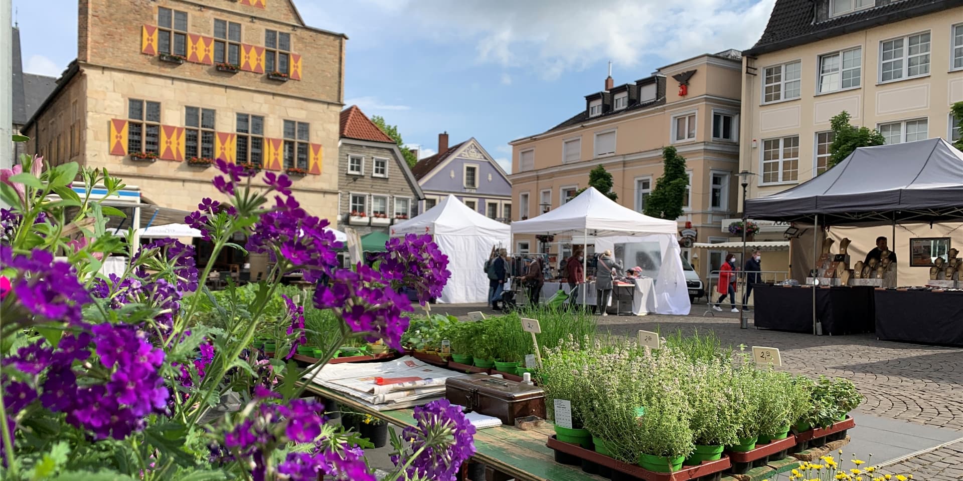 Der Wochenmarkt zieht in stärkerer Besetzung zurück auf den Marktplatz. Ab sofort sind auch wieder Blumenhändler auf dem Marktplatz zu finden.