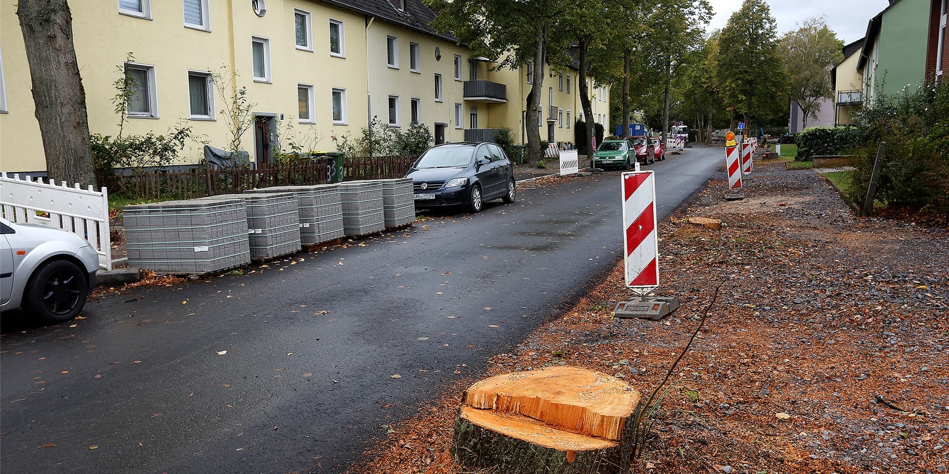 Bevor 13 Linden an der Bogenstraße in Kamen gefällt worden waren, wurden die entsprechenden Bereiche mit Halteverbotszeichen ausgewiesen. Die Bäume mussten Straßenausbau, Kanälen und Leitungen weichen.