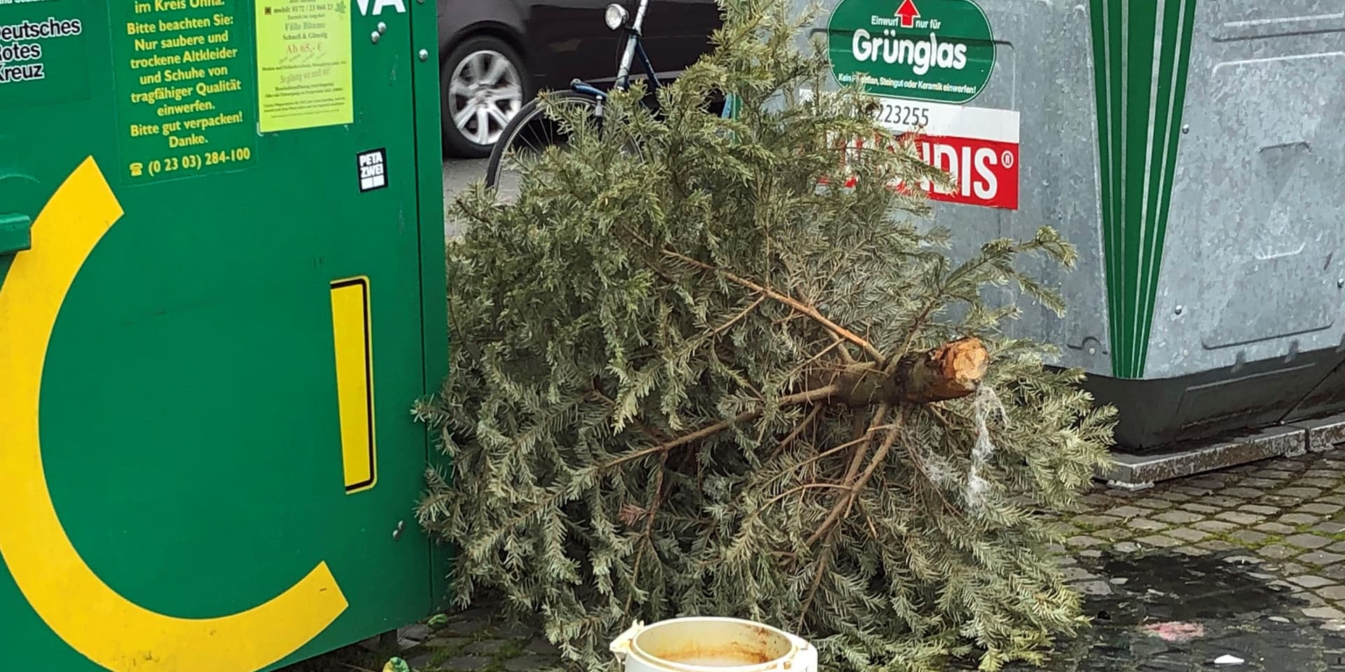 So nicht – schon Tage vor der offiziellen Abholung haben unbekannte diesen Tannenbaum an einem Container-Standort abgelegt.