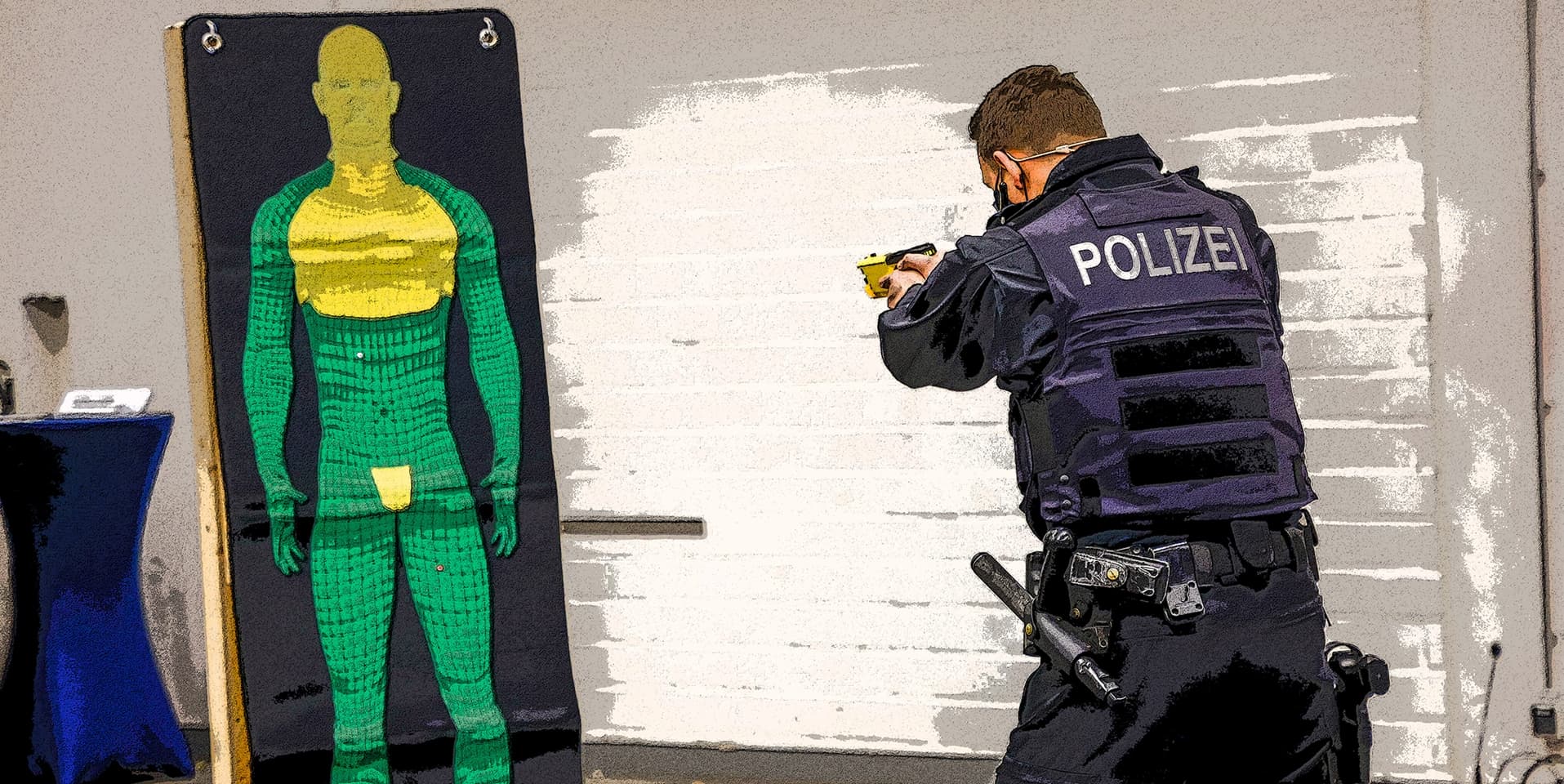Der Polizeibeamte Philipp Kremer demonstriert den Einsatz eines Distanzelektroimpulsgeräts (DEIG), das unter dem Namen Taser bekannt ist.