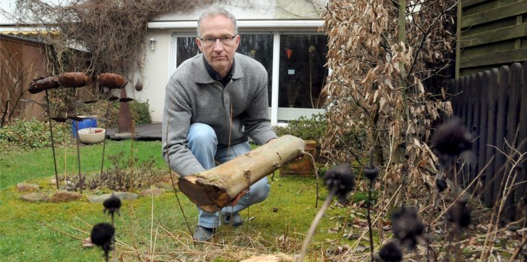 Nur der Stumpf im Boden und ein Stückchen vom abgesägten Stamm sind Arne Siegel von der Esche in seinem Reihenhausgarten geblieben.