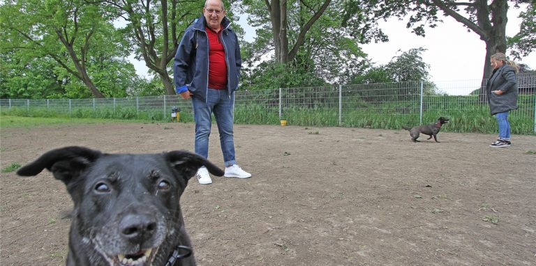 Bürgermeister Hans Haberschuss mit seinem Hund Cora auf der Hundewiese am reiche des Wassers: Haberschuss plant, den Hunden dort einen Wassercontainer zur Verfügung zu stellen.