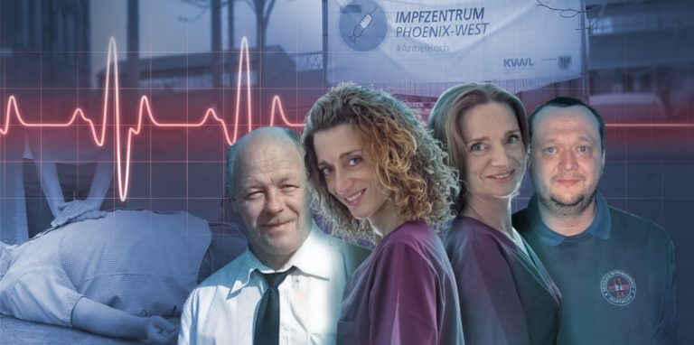 Uwe Grote, Dr. Monika Kolski, Dr. Magdalena Kolski und Dennis Kirschbaum (v.l.) haben am 27. März dem 81-jährigen Henner Aff am Dortmunder Impfzentrum das Leben gerettet.