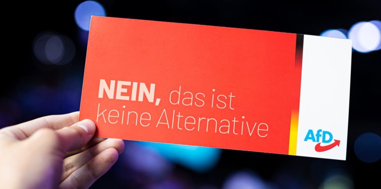 Eine Hand hält auf einem Sonderparteitag der AfD eine Abstimmkarte mit der Aufschrift „Nein, das ist keine Alternative“ (Symbolbild)