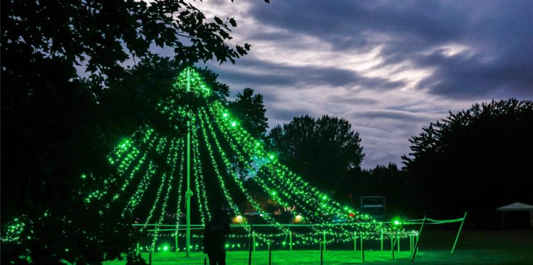 Ein Zelt aus grünen Lichterketten im Westfalenpark.