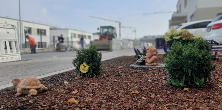Während im Hintergrund der Bachforellenweg endausgebaut wird, haben die ersten Anwohner ihre Vorgärten bereits heimelig gestaltet. Dass die übrigens nicht à la „Mein schöner Steingarten“ versiegelt werden, darauf weist ein Gestaltungshandbuch für Eigentümer hin.