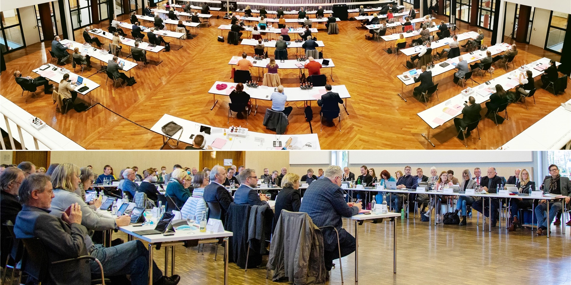 So unterschiedlich kann die Risikobewertung sein: Oben ein Bild von der konstituierenden Kreistagssitzung am 2. November 2020 in der Stadthalle Unna, unten ein Bild von der Kreistagssitzung am 9. November 2021. Vor einem Jahr zog die Zahl der Neuinfektionen spürbar an – und mit ihr die 7-Tage-Inzidenz auf 176,25. An diesem Donnerstag gab das RKI die Inzidenz für den Kreis Unna mit 121,7 an.