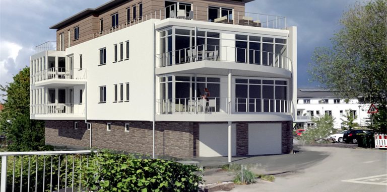 So soll das Fünf-Familien-Haus aussehen, das auf dem ehemaligen Salgert-Parkplatz am Südwall gebaut wird. Im Erdgeschoss sind Garagen und Funktionsräume untergebracht.