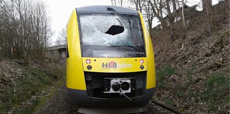 Das Archivfoto zeigt die zerstörte Frontscheibe der Regionalbahn.