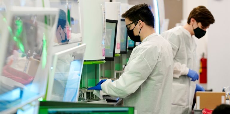 Wissenschaftler eines medizinischen Labors beaufsichtigen Corona PCR-Tests.