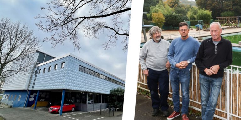 Auch das Hombrucher Bad (links) wäre von einer Schließung betroffen. Dort gibt es zusätzlich Ärger mit der Dachreparatur. Rechts: Die Akteure der Sportwelt mit Geschäftsführer Jörg Husemann (r.).