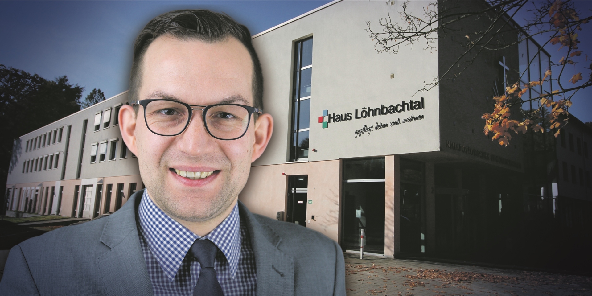 Eine Montage mit Frank Schuldt, Pressesprecher der Neuapostolischen Kirche Westdeutschland, vor dem Haus Löhnbachtal in Fröndenberg.