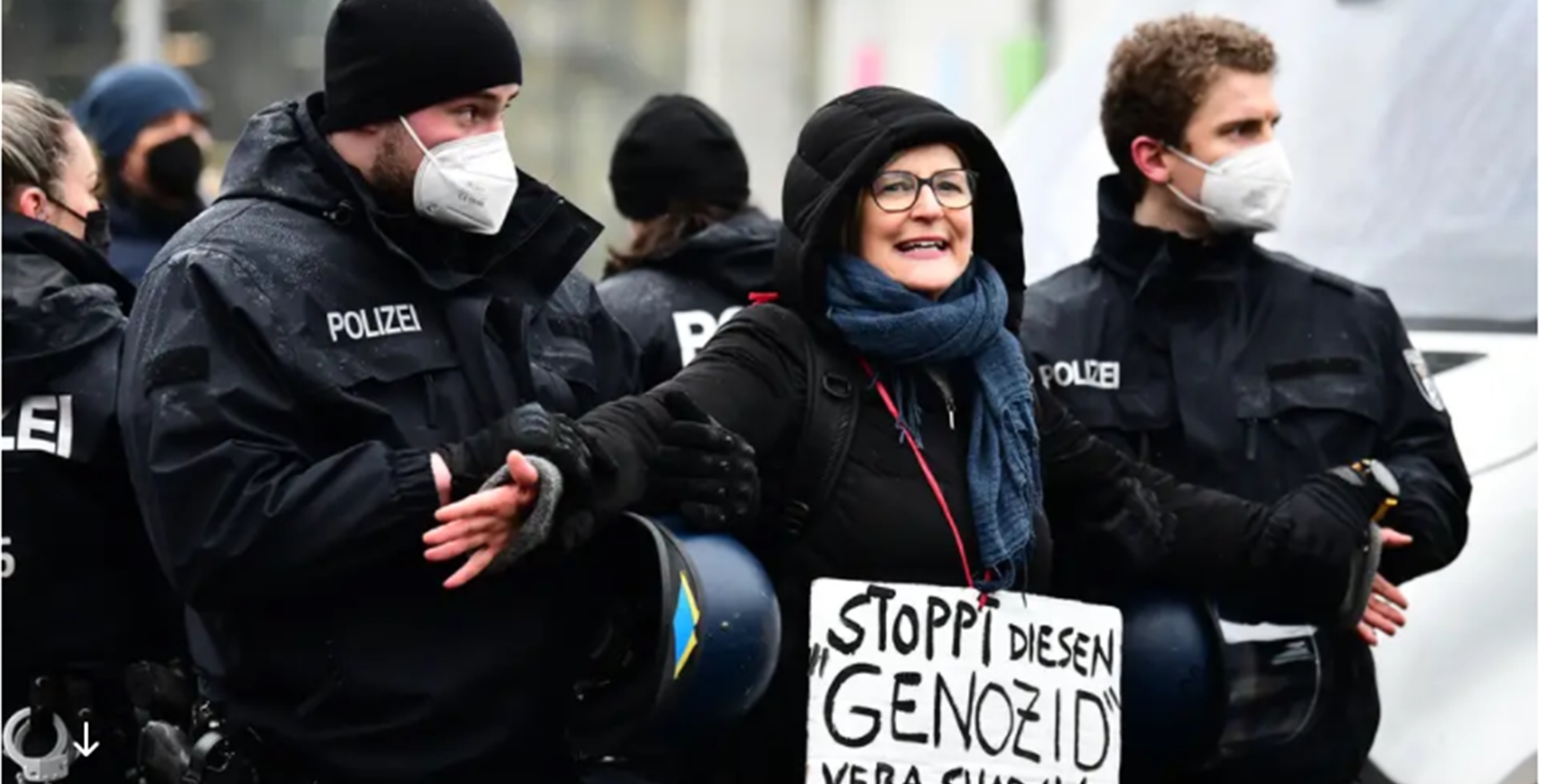 Eine Demonstrantin, die den Holocaust relativiert, wird abgeführt.