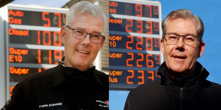 Tankstellenbetreiber Frank Schmidt vor seiner Anzeigetafel im September 2020 (links) mit Rekordtiefpreisen und am jetzigen Donnerstag (rechts) mit den aktuellen Höchstpreisen.