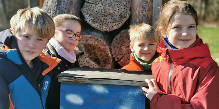 Am Bienenstand sind dicke Holzscheiben mit Löchern für die Hummel angebracht. Der Bienenstand ist eine kleine Wissensreise in die Welt der fleißigen Flieger und wird auch von Schülern der Paul-Gerhard-Schule gepflegt: v.l. Alex Pleßmann, Luise Brandtstetter, Frederick Schlüter und Klara Reckmann.