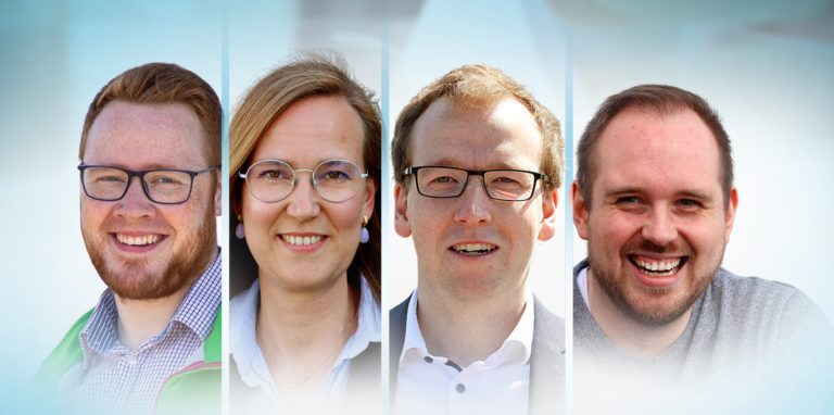 Die Kandidaten (v.l.) Maximilian Ziel (Bündnis 90/Die Grünen), Silvia Gosewinkel (SPD), Torsten Goetz (CDU) und Sebastian Knuhr (FDP) diskutieren in der Wahlarena am 2. Mai.