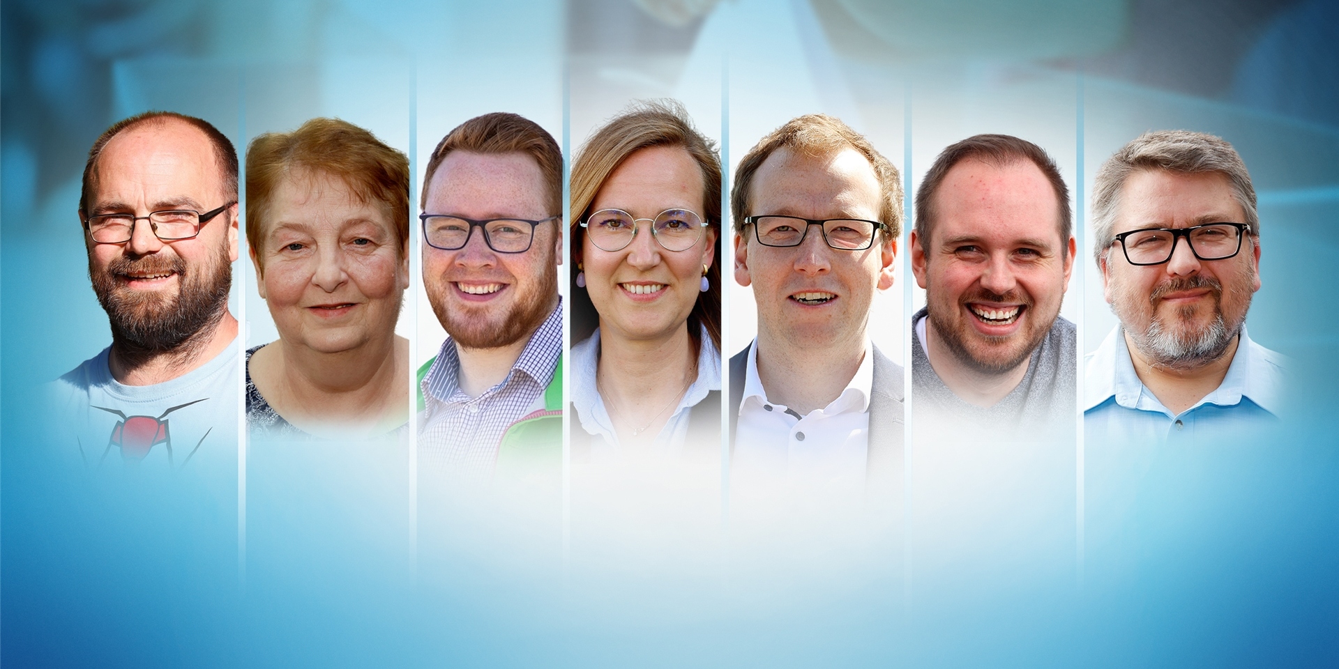Zwei Kandidatinnen und fünf Kandidaten für Kamen, Bergkamen, Bönen und Hamm-Herringen: (von links) Sebastian Strzalka (Die Partei), Katja Wohlgemuth (Die Linke), Maximilian Ziel (Bündnis 90/Die Grünen), Silvia Gosewinkel (SPD), Torsten Goetz (CDU), Sebastian Knuhr (FDP), Ulrich Lehmann (AfD).