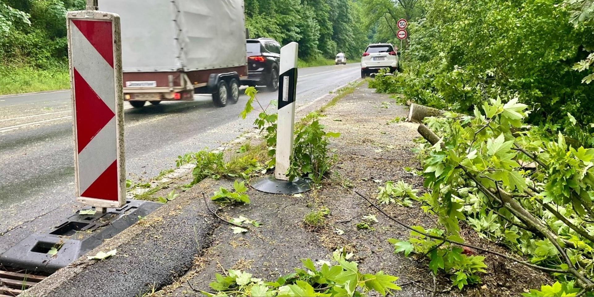 Die Feuerwehr hatte den umgestürzten Baum schnell zerlegt, sodass die Straße wieder freigegeben werden konnte.