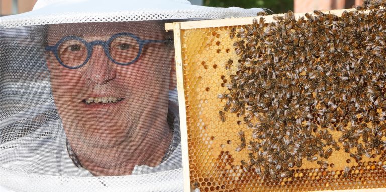 Imker Heinrich Behrens mit einer Wabe seiner Bienenvölker unter dem Fördergerüst der ehemaligen Zeche Monopol. Die Bienen waren in diesem Frühjahr schon sehr fleißig.
