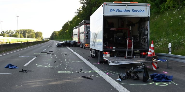 Die Unfallstelle mit dem Lkw der Pannenhilfe und dem Tiertransporter auf dem Seitenstreifen. Der Pkw prallte zuletzt noch gegen den Viehtransporter.