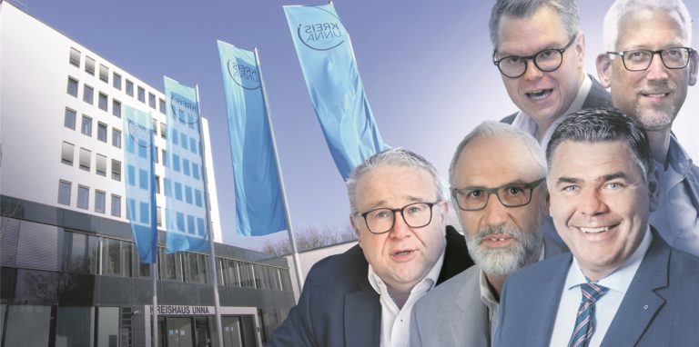 Die bisherige Führungsmannschaft im Kreishaus Unna besteht aus fünf Herren: Landrat Mario Löhr (unten rechts), Kreisdirektor Mike-Sebastian Janke (oben links) sowie die Dezernenten Torsten Göpfert (oben rechts), Uwe Hasche (unten links) und Ludwig Holzbeck.