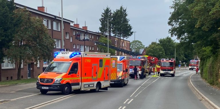 Feuerwehrautos und Krankenwagen stehen auf einer Straße.