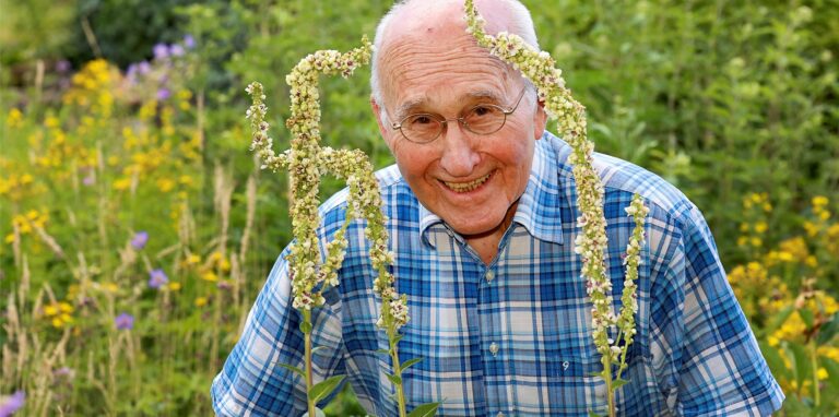 Karl-Heinz Kühnapfel vor einer weißblühenden Königskerze in seinem zauberhaften Garten. Der 83-jährige Naturschützer ist bekannt als Ornithologie. Sein Garten in Methler ist eine kleine Ökozelle.