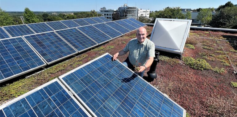 Holger Zühlke zeigt Solaranlage auf begrüntem Dach, im Hintergrund sind Gebäude der Stadtwerke zu sehen.
