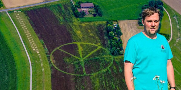 Die Vogelperspektive eines Feldes an der Straße „Hochfeld“ in Recklinghausen. Ein Peace-Zeichen ist dort zu sehen. Daneben der montierte Oberkörper des Bio-Bauern Christoph Heimann aus Recklinghausen.