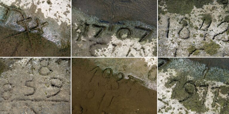 Die Bildkombo vom 11.08.2015 zeigt einen sogenannten Hungerstein mit dem sächsischen Kurschwerten (l.o – r.u) und den Jahreszahlen 1707, 1842, 1842, 1859, 1911 und 1934 Jahreszahlen gut sichtbar in der Elbe bei Pirna-Oberposta (Sachsen).