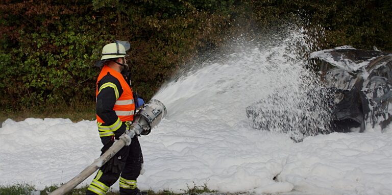 Nach der Versorgung der Unfallopfer löscht die Feuerwehr die Flammen. Auf der A1 hatte sich ein schwerer Unfall ereignet. Zwei Menschen wurden verletzt, ein Hund getötet.