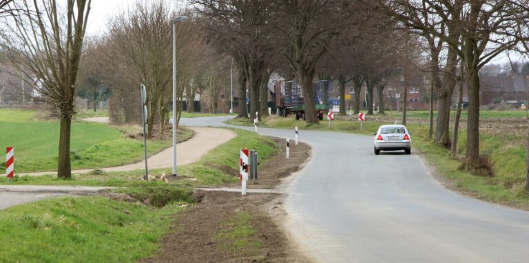 Die Leuchten an der Hilsingstraße sind im Jahr 2014 installiert worden – zu dem Zeitpunkt an dem noch wassergebundenen Rad- und Fußweg. Bürger machten jetzt jetzt darauf aufmerksam, dass die Leuchten ihrer Ansicht nach zur falschen Seite zeigen.