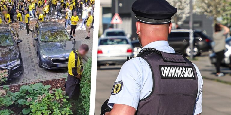 Eine Szene, die Kreuzviertel-Bewohnerin Karin Engelhardt festhielt, als sie nur den Fanmarsch filmen wollte. Doch Wildpinkeln ist nicht das vorrangige Problem für die Stadt Dortmund.