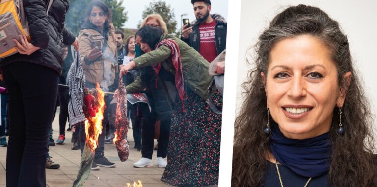 Links: Demonstrierende verbrennen in Dortmund Kopftücher. Rechts: Nahid Farshi stammt aus dem Iran. Seit 1987 lebt sie in Dortmund. Auf die Proteste in ihrem Heimatland blickt sie mit Hoffnung und Entsetzen.