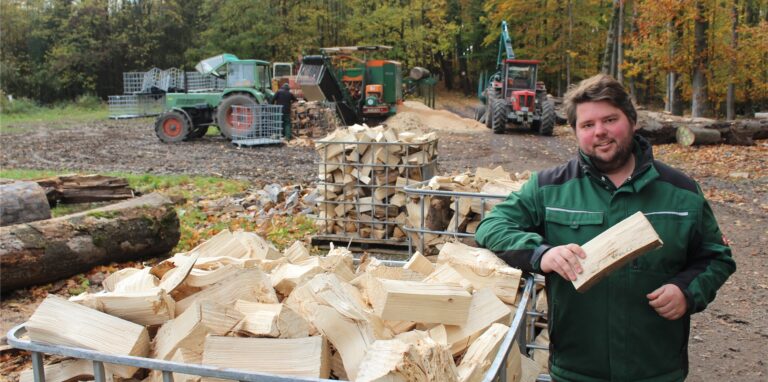 Hendrik Wassermann bei der Kaminholzproduktion. Fichtenholz gibt es in Hülle und Fülle.