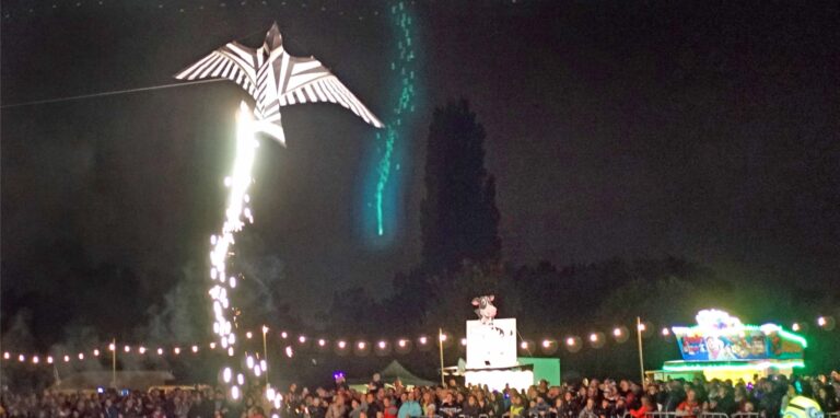 Drachen fliegt durch die Nacht.