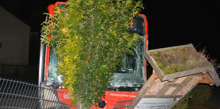 Der Bus steht mit der Vorderseite in einem kaputten Zaun, und hat ein Holzschild umgefahren.