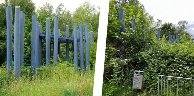 Die Skulptur „Holzplatz“ vor einigen Jahren und im Mai 2022: Die Konstruktion ist einsturzgefährdet und dem Verfall preisgegeben.
