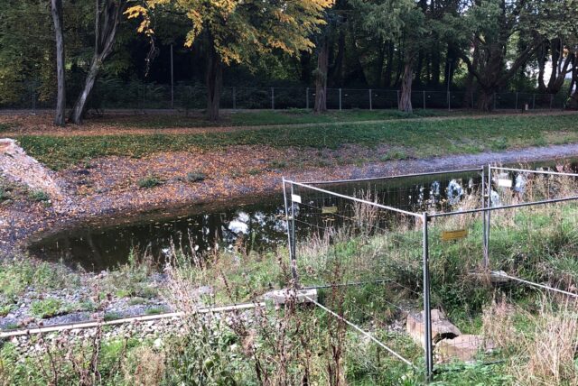 Der Teich im Bornekamp ist eine Baustelle, umgeben von Bauzäunen