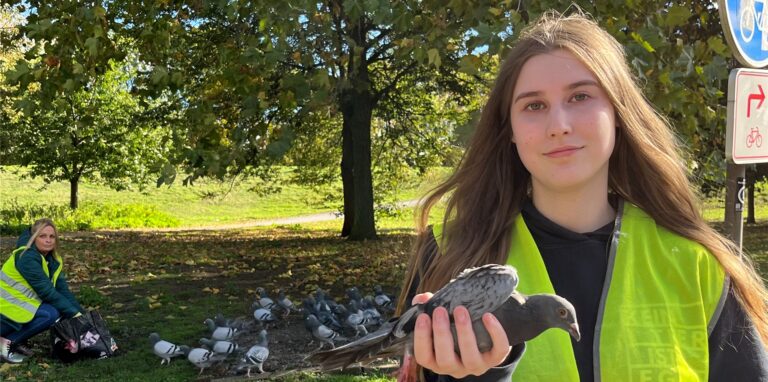 Lorena Ratzke (Vordergrund) und Michaela Belling (Hintergrund) von der Taubenhilfe Lünen/Dortmund und Umgebung kümmern sich regelmäßig um die Tiere.