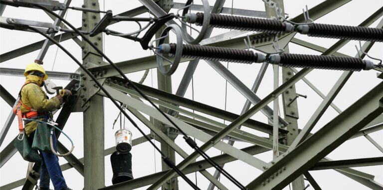 Ein Arbeiter führt in Moers im Auftrag des Energiekonzerns RWE AG Ausbesserungsarbeiten an einer Überlandleitung durch (Archivfoto).